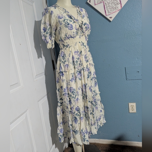 By The River Floral Ruffled V-Neck Midi Dress in Cream and Lavender - Picture 3 of 6